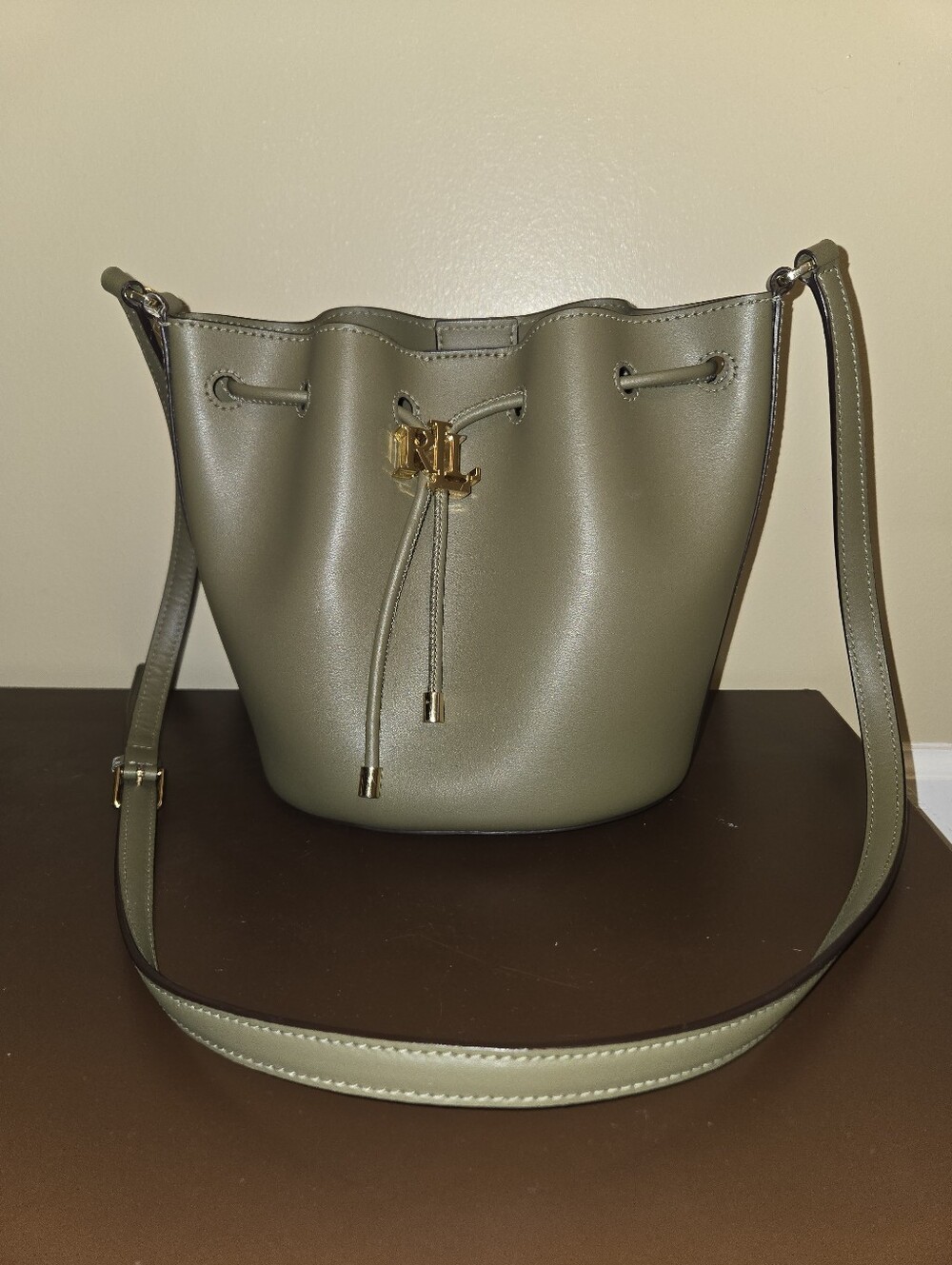 Lauren Ralph Lauren Olive Green Leather Drawstring Bucket Bag